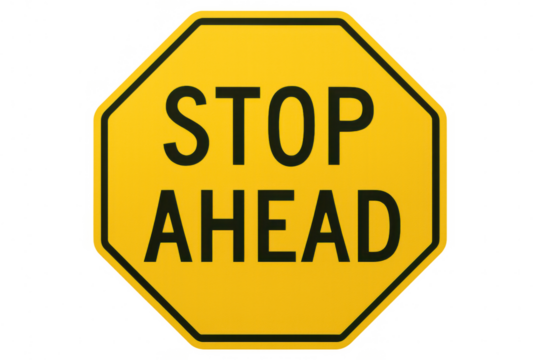 Yellow octagonal stop ahead traffic sign on a transparent background, emphasizing road safety and traffic regulations