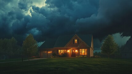A suburban home glows warmly against a backdrop of a menacing, dark, and stormy night sky. The house is brick, with lit windows, and sits on a grassy lawn. Trees and a driveway are visible