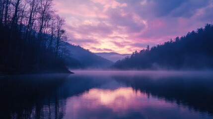 Fototapeta premium Serene twilight landscape a calm lake reflects a vibrant purple and pink sunset sky over a misty valley nestled between dark, silhouetted hills