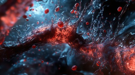 Abstract Microscopic View of Biological Cells with Glowing Red Spheres