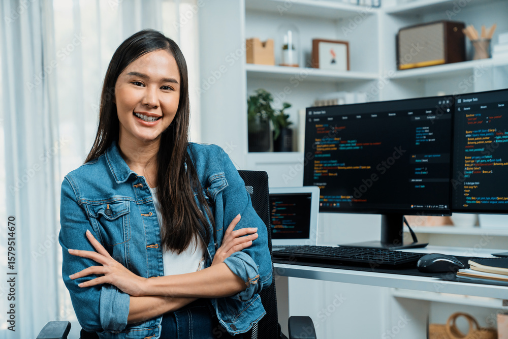 Poster young asian in it developer looking at camera to present with online information on pc with coding p