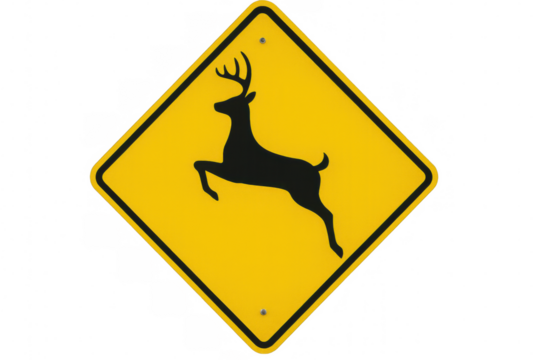 Deer crossing warning sign alerting motorists about wildlife, caution symbol on clear isolated backdrop