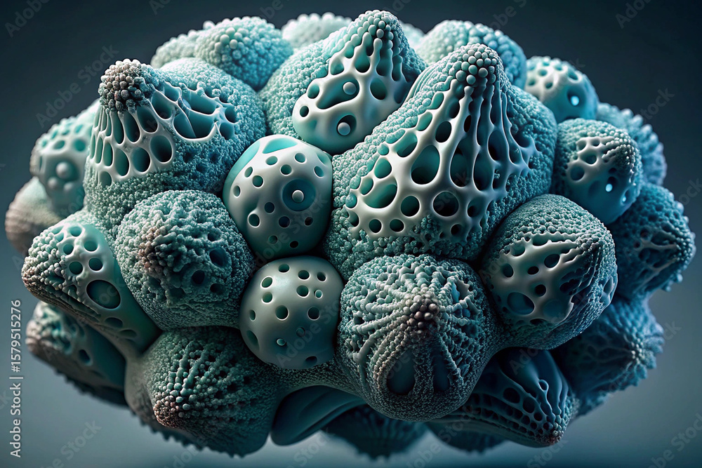 Poster macro view of an abstract blue and white porous sphere, perfect for backgrounds related to science o
