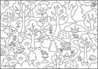 Vector black and white empty forest background. Cute woodland landscape. Line scene with woods, trees, bushes, path, houses, animals. Fairytale world or story book illustration, coloring page
