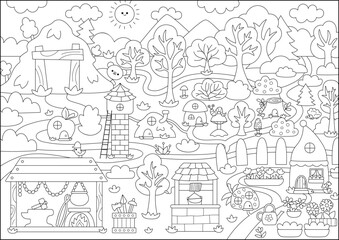 Vector black and white empty dwarf land background. Cute gnome country line landscape. Woodland, forest scene with tree, house, animal. Fairytale coloring page with mine pit, forge, garden