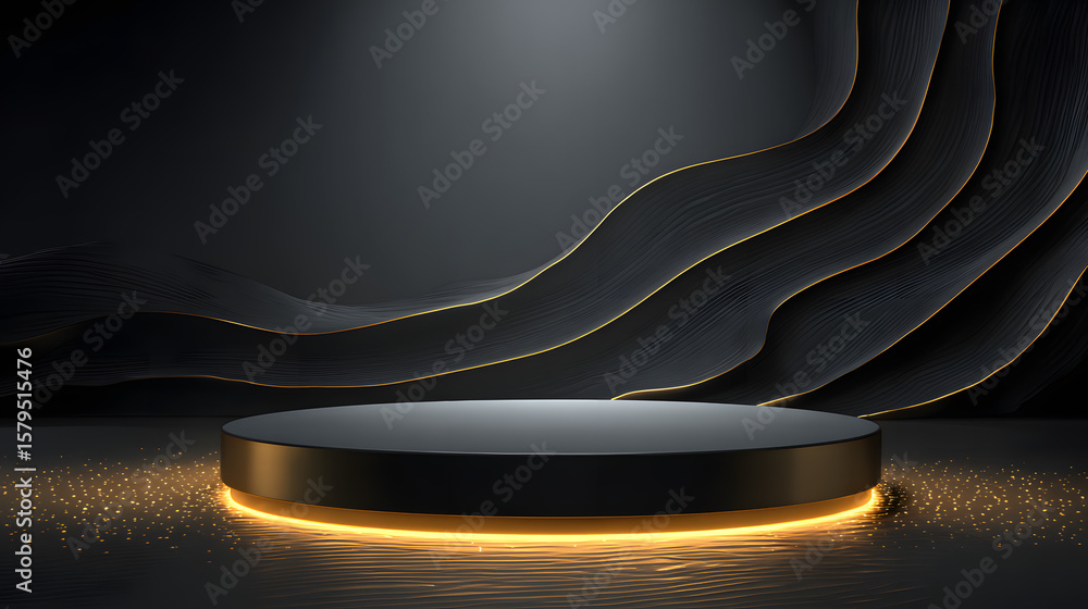 Poster beautiful black abstract luxury background with 3d texture of wavy lines with golden elements and sm