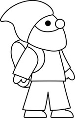 Vector black and white dwarf icon. Magic creature line clipart. Cute fairytale character. Woodland fantasy gnome traveler going with backpack. Forest fairy tale illustration, coloring page