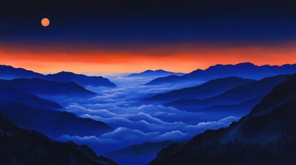 Mountain range at dawn, misty valley