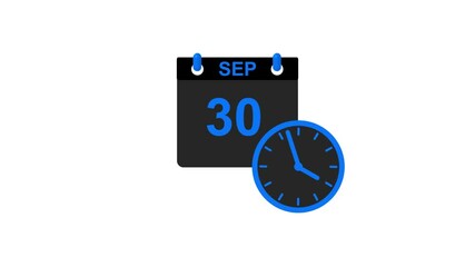 September month 30 date calendar icon clock royal blue color animation 4k video. 