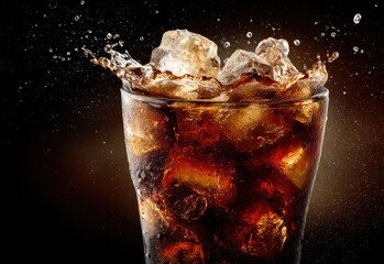 Chilled cola splash in a glass filled with glowing ice cubes against a brown gradient background, ideal for refreshing drink branding, summer ads, and beverage packaging design