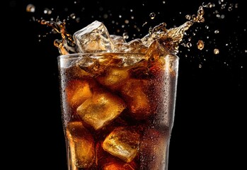 Splashing cola with ice cubes in a tall chilled glass on a dark background, ideal for drink branding, summer beverage campaigns, product packaging, and refreshing thirst-quenching promotions