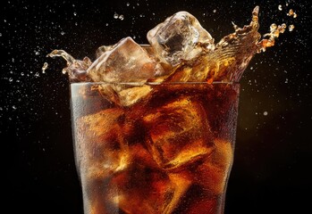 Dynamic cola splash with clear ice cubes in a tall condensation-covered glass, great for soft drink advertising, summer beverage campaigns, and packaging designs