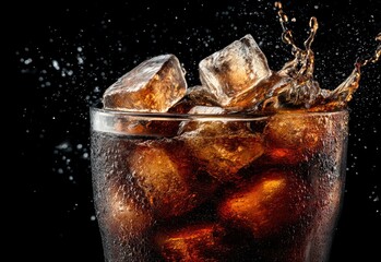Close-up of a refreshing cola splash with crystal ice cubes in a chilled glass against a dark background, perfect for beverage advertising, summer promotions, and thirst-quenching drink designs