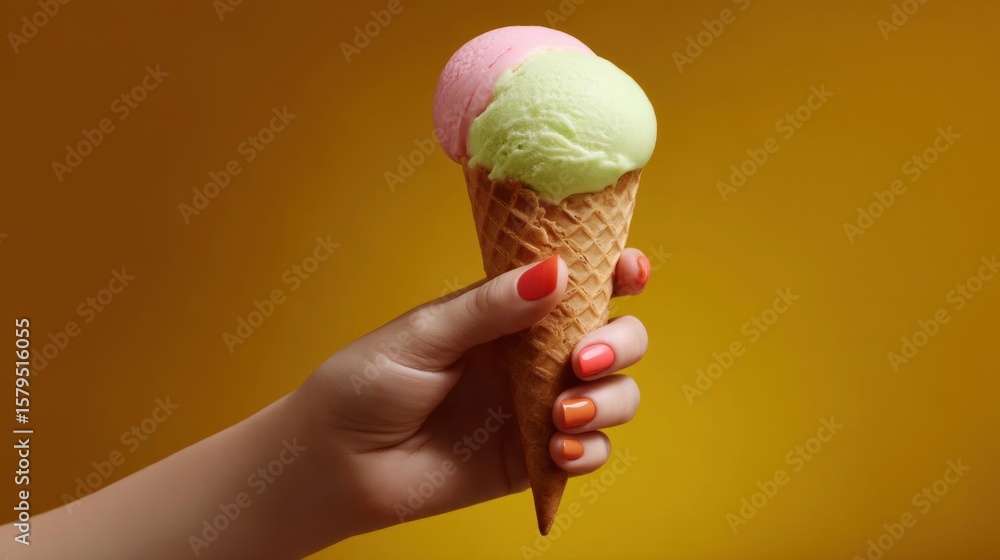 Poster hand holding an ice cream cone. the cone is made of waffle cone and has a pink and green color schem
