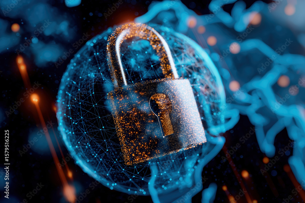 Poster digital security concept featuring a padlock over a network globe