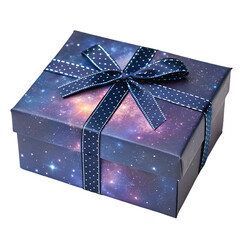 Galaxy inspired gift box with celestial ribbon isolated on transparent background for festive visuals
