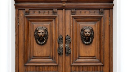 Intricately carved wooden double doors featuring lion head knockers, showcasing elegance and craftsmanship.