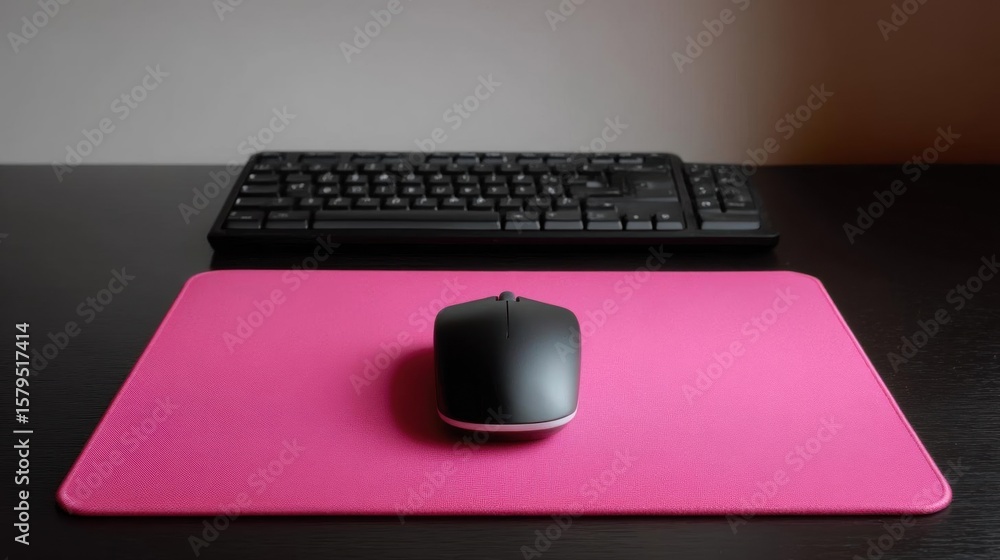Poster black computer keyboard and a pink mouse pad on a black desk. the mouse pad is rectangular in shape 