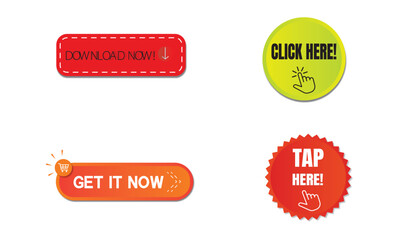 Modern call-to-action buttons for website or app design.Brightly colored, engaging call-to-action buttons in red, orange, and yellow are perfect for online marketing.