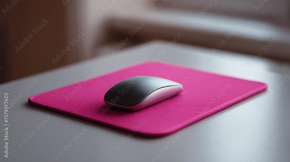 Poster pink mouse pad on a grey desk. the mouse pad is rectangular in shape and has a smooth surface. on to