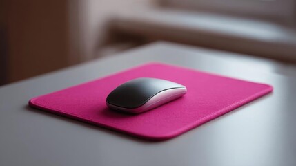 Pink mouse pad on a grey desk. the mouse pad is rectangular in shape and has a smooth surface. on top of the mouse pad, there is a silver computer mouse with a curved design.