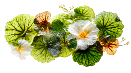 Watercress flowers and leaves vibrant green and white blossoms botanical beauty | isolated on transparent background, perfect cutout, PNG