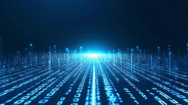 Abstract digital landscape with glowing blue binary code streams converging towards a bright central point, creating a sense of depth and technological advancement