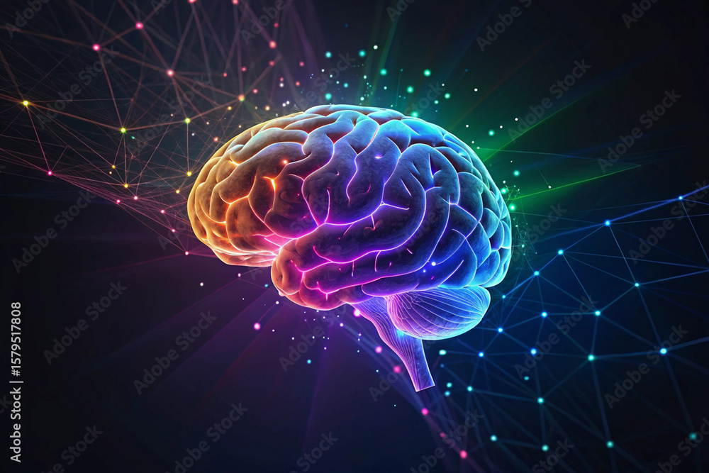 Poster vivid conceptual rendering showing a brain with connecting lines and brilliant colors for creativity