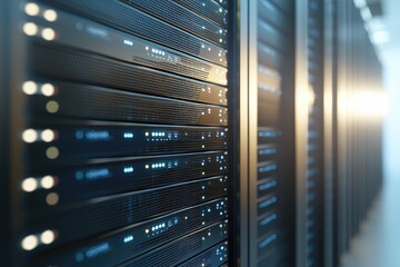 Modern server rack in a high-tech data center with blue indicator lights and warm lighting, representing cloud computing, IT infrastructure, data storage, and network security solutions