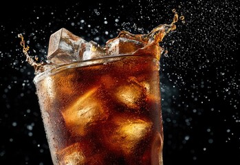 Refreshing splash of cold cola with ice cubes in a transparent glass against a black background, capturing the fizz, chill, and energy of a carbonated summer beverage