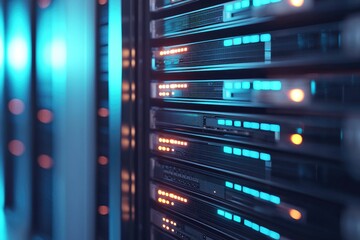 High-tech server rack glowing with blue and orange indicator lights in a futuristic data center, symbolizing cloud computing, cybersecurity, IT systems, and digital data infrastructure