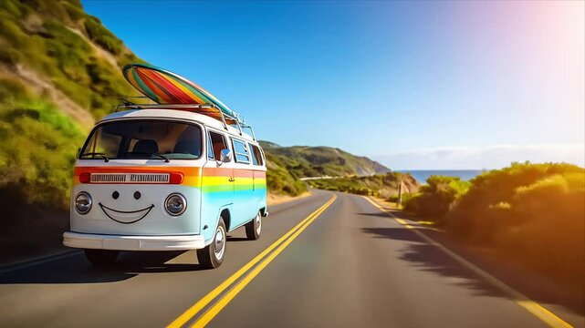 A smiling, rainbow-striped van with surfboard driving on a coastal road