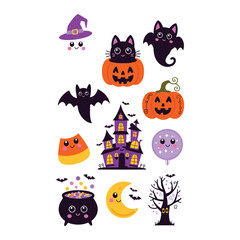 A kawaii-style Halloween clipart set of 10 separate elements is a funny ghost; A black cat with large eyes sitting on a carved pumpkin; A cheerful bat; A cheerful jack-o'-lantern with swirly vines