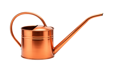 Isolated image of a shiny copper watering can with a long spout on a plain black background
