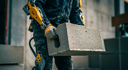 Man, a construction worker, using an exoskeleton to lift a concrete block. Robotics assisting manual labor in modern building.