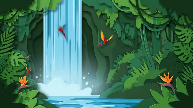 Jungle waterfall panorama with flying parrots