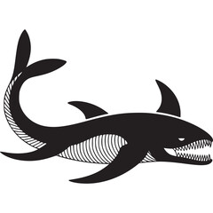 A striking black and white illustration of a stylized shark with sharp teeth on a plain background on transparent background