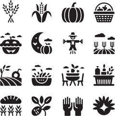 Autumn Harvest Farm Icons, Thanksgiving, Fall, Pumpkin, Wheat, Scarecrow, Vector Illustrations