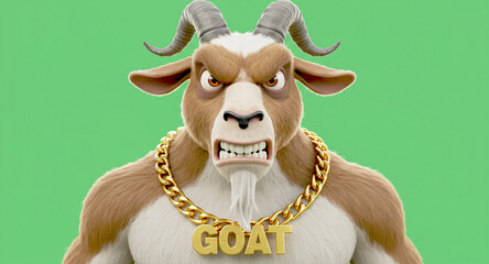 Angry Goat Character with Gold Chain and GOAT Necklace - 3D Rendered Mascot on Green Background