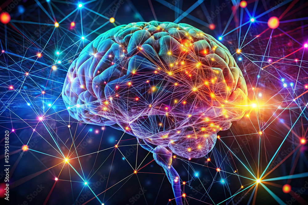 Poster neural networks connect in the brain with glowing lines conveying intelligence and innovation in mod