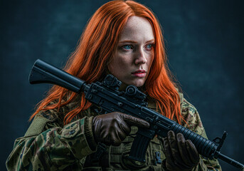 Fototapeta premium Woman with red hair and blue eyes in camouflage uniform holding rifle. Female soldier or veteran concept.
