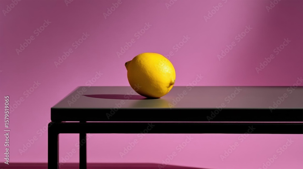 Poster single lemon on a black table. the lemon is placed in the center of the image, with its stem facing 