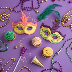 Fototapeta premium Mardi Gras Masks Beads Cupcakes Purple Background