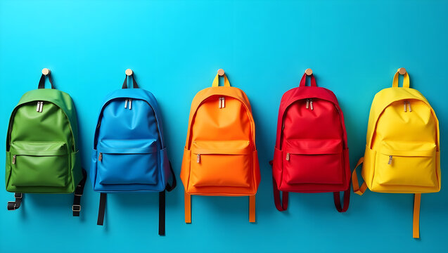 colorful backpacks, assortment of vibrant backpacks in shades of green, blue, orange, red, and yellow, arranged on a blue background, minimalist design, clean