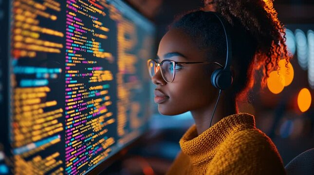 A woman with glasses and headphones focuses on a monitor filled with colorful code. The vibrant, modern setting highlights software development, programming, and concentration in technology.