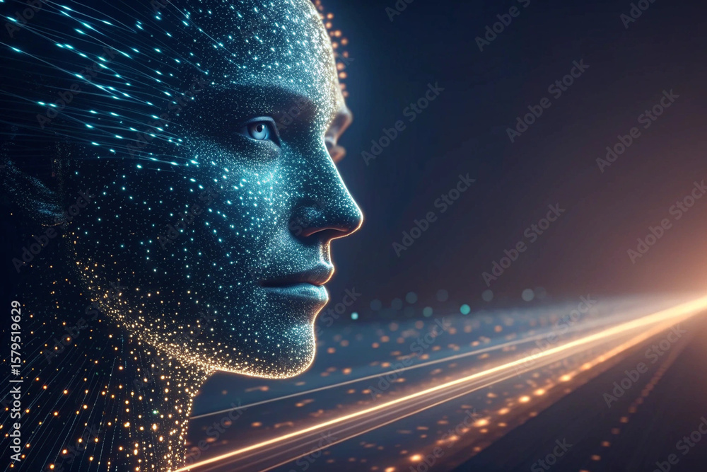 Poster ai futuristic profile embodies data connections and artificial intelligence, revealing a digital hum