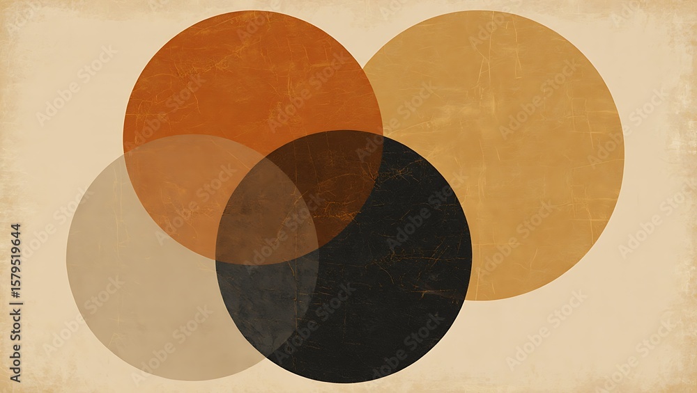 Poster geometric abstraction: earthy tones and overlapping circles, minimalist artwork with textured backgr