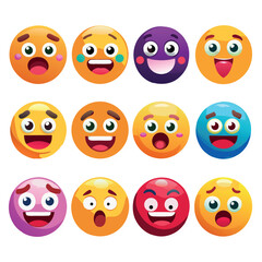 Vector icon set of 12 emoji faces with different expressions. Perfect for social media graphics, digital communication visuals, reaction icons, mood designs, and fun emoticon collections.