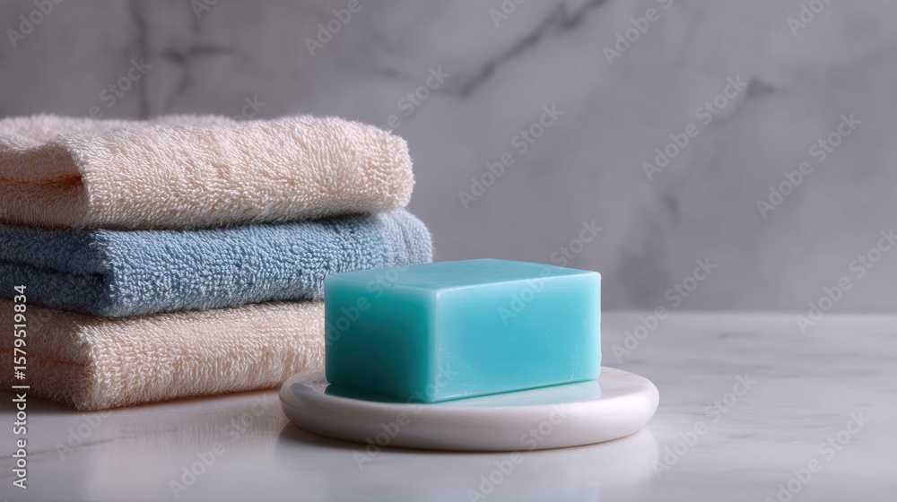 Poster stack of folded towels on a white marble countertop. the towels are neatly folded and stacked on top
