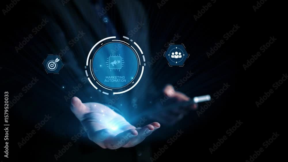 Poster marketing automation diagram showcase ai-driven campaign workflow, highlight marketing automation, d